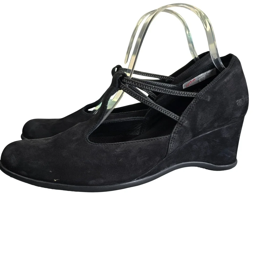 Arche Nosyam $425 Strap Wedge Heel Pumps Woman 41 / 10 Black Suede Comfort Shoes